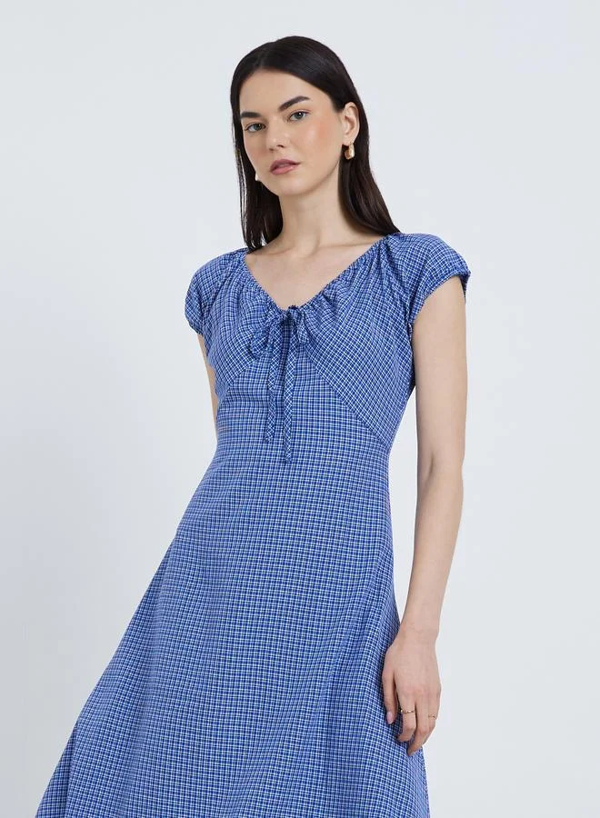 Take Two Take Two Checked Print Tie Up Neck Midi Dress