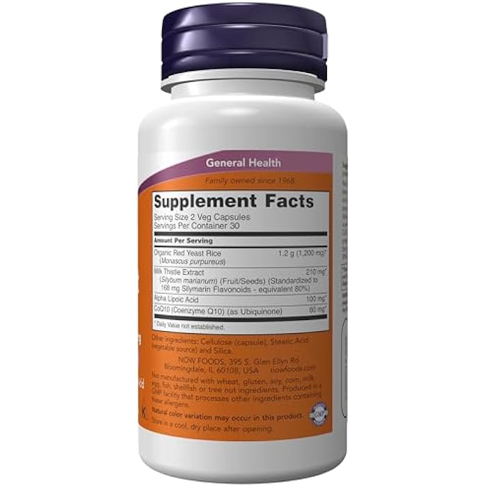 NOW Foods Supplements, Red Yeast Rice with CoQ10, plus Milk Thistle & Alpha Lipoic Acid, 60 Veg Capsules - Image 2