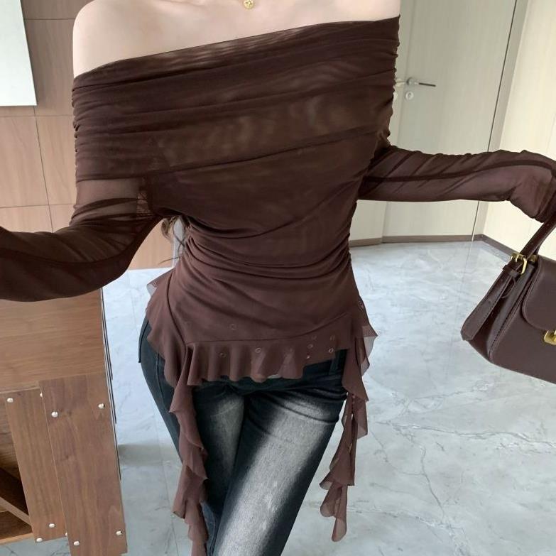 Shoulder Mesh Long-sleeved Sunscreen T-shirt Women's Autumn Slim-fit Strap Irregular Sweet Spice Girl Tight Short Top - Image 4