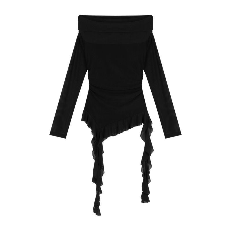 Shoulder Mesh Long-sleeved Sunscreen T-shirt Women's Autumn Slim-fit Strap Irregular Sweet Spice Girl Tight Short Top - Image 1