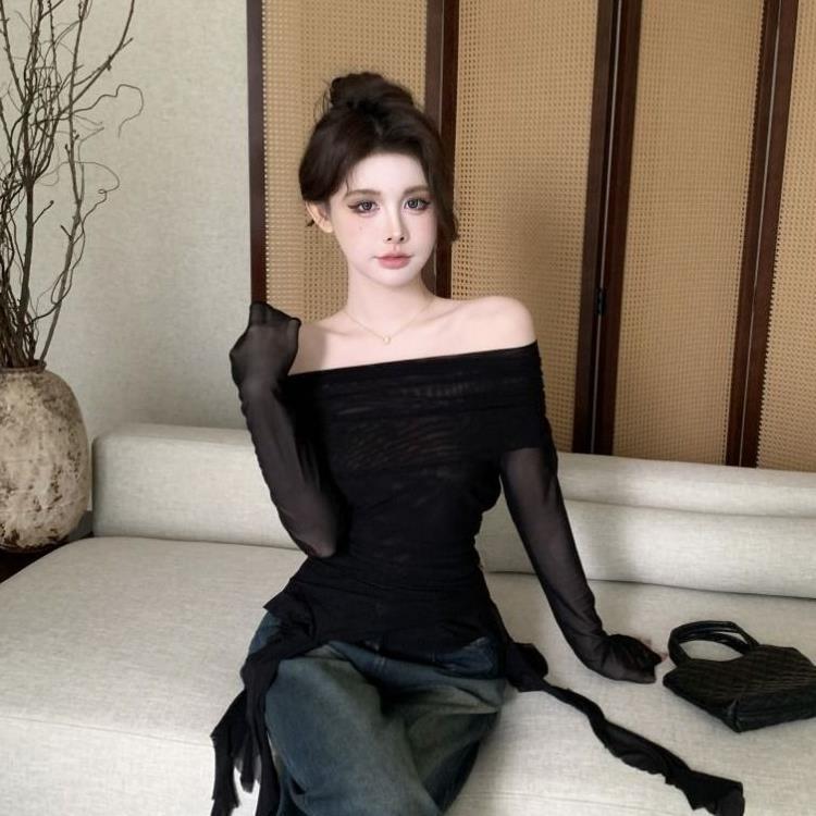 Shoulder Mesh Long-sleeved Sunscreen T-shirt Women's Autumn Slim-fit Strap Irregular Sweet Spice Girl Tight Short Top - Image 5