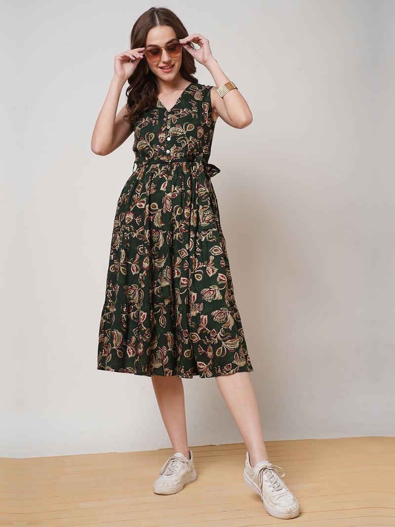 globus Globus Women V-Neck Allover Floral Printed Tiered Midi Fit & Flare Fusion Dress With Belt  - Image 1
