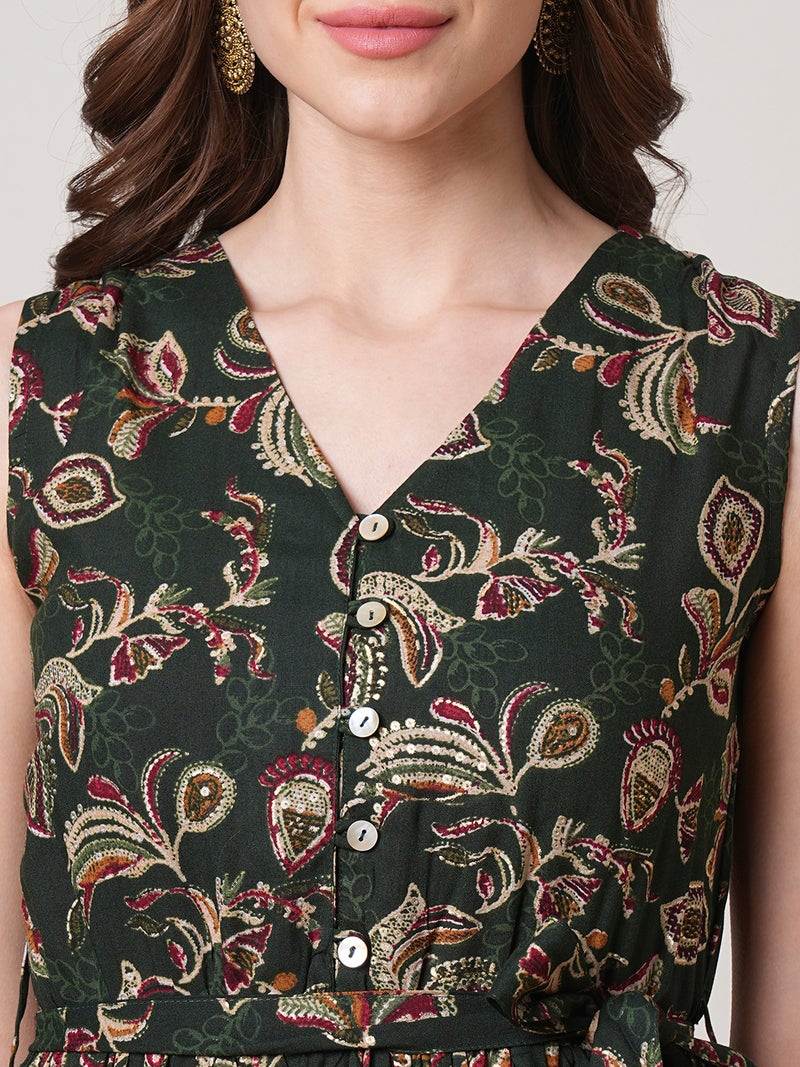 globus Globus Women V-Neck Allover Floral Printed Tiered Midi Fit & Flare Fusion Dress With Belt  - Image 4