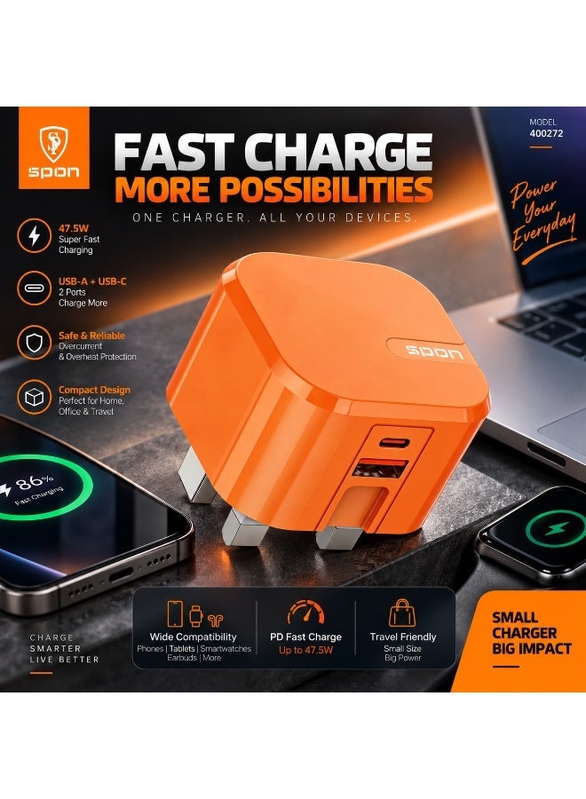 سبون شحن سريع PD بمجموع قدرة 47.5 واط – شاحن حائط بمنفذي USB-C + USB-A - Image 4