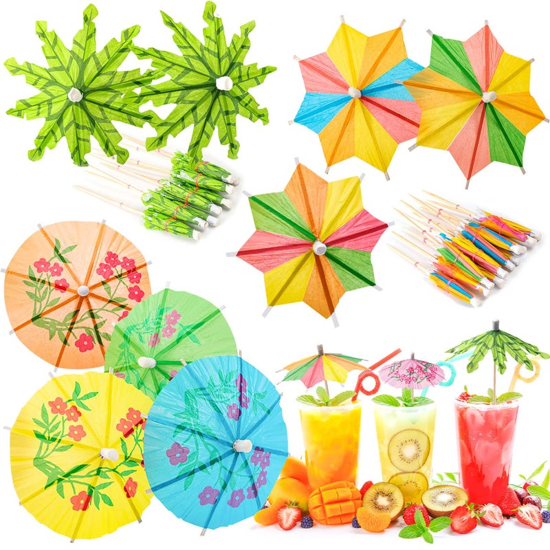 FFNIU Drink Umbrellas Cocktail Picks, 152 Pcs Hawaiian Cocktail Umbrellas,Umbrella Cocktail Picks for Tiki Bars, Fruit Plate and Birthday Party, Assorted Colors, 3 Styles - Image 1