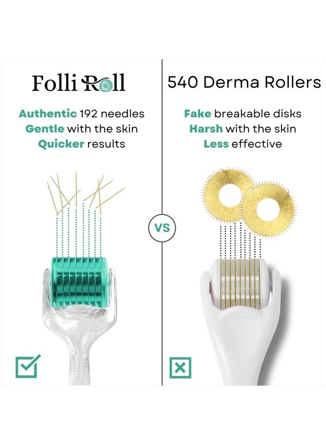 FolliRoll Derma Roller for Hair and Skin - 0.30mm Titanium Microneedles - for Face Scalp Derma Stamp - 192 Individual Micro Needles with Free Storage Case for Men and Women - Image 2