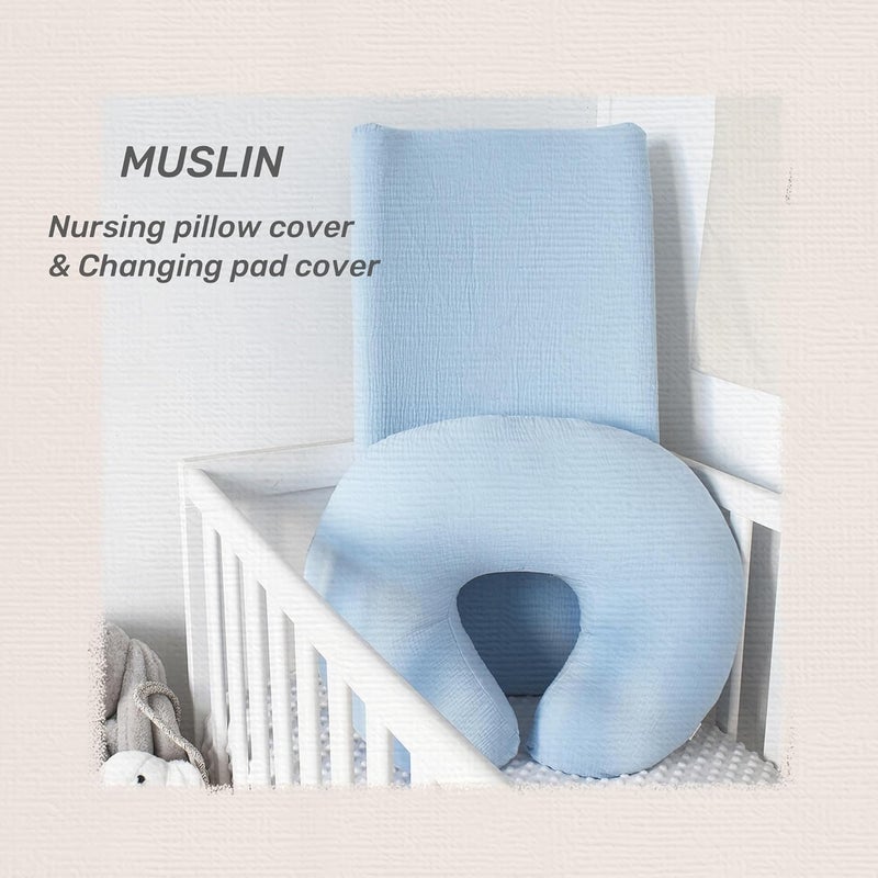Owlowla غطاء وسادة تغيير من موسلين أوولولا 2PACK قطن موسلين ناعم لأغطية وسادة تغيير حفاضات غطاء طاولة تغيير للأطفال الأولاد والبنات أزرق فاتح زيتوني - Image 5
