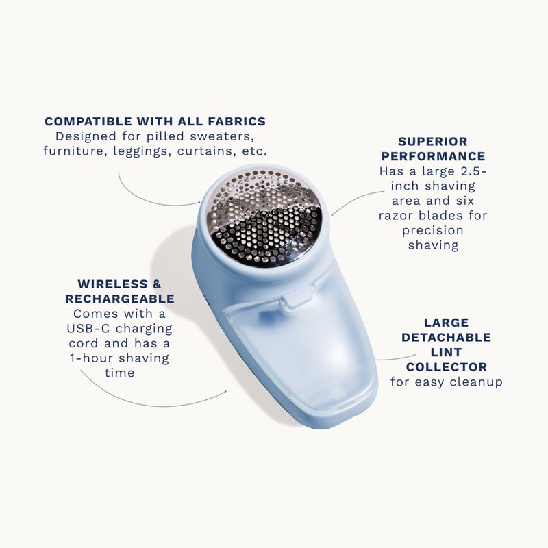Nori Trim Fabric Shaver - Lint Remover for Clothes & Furniture Couch Pilling - Sweater Pill Remover - Clothes Shaver with 6 Precision Blades - Wireless and Rechargeable - Blue - Image 4