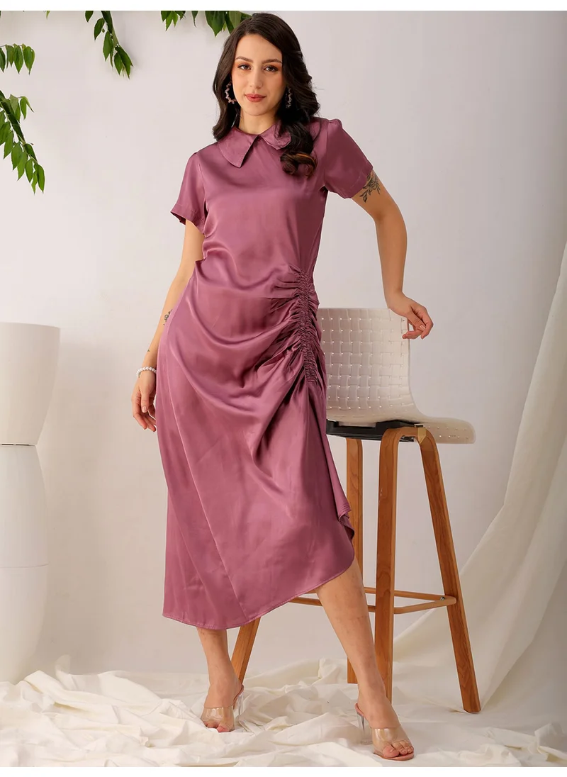 مرفوعة Women Casual Straight Solid Ruched Round Neck Long Length Asymmetric Dress