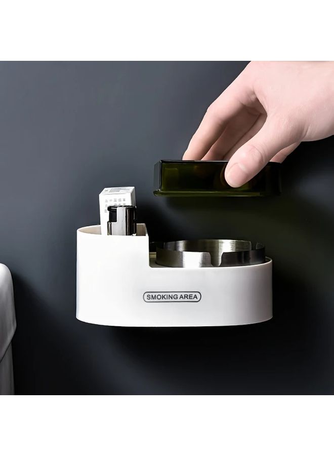 White Wall Mounted Ashtray with Lid Space Saving Design Hygienic Cigarette Butt Slot - Image 1