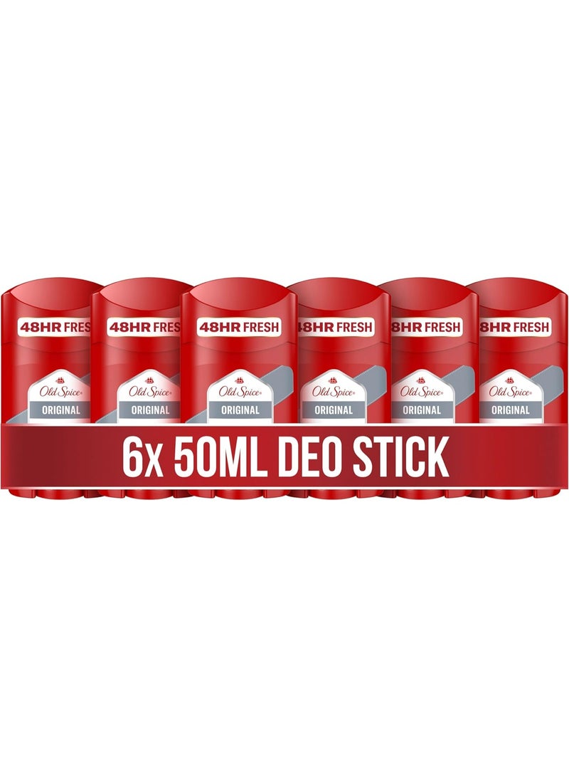 Old Spice Original Deodorant Stick for Men, 6 x 50 ml, 48H Fresh, Long-Lasting Fragrance in Perfume Quality, 0% Aluminium Salts, No Stains on Black and White, Made from 50% Recycled Plastic - Image 3