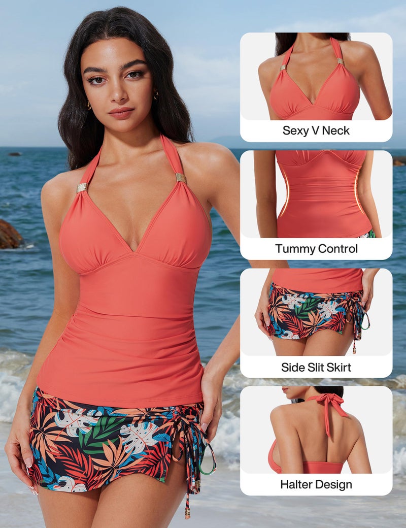 SUUKSESS Women Tummy Control Tankini Swimsuit Sexy Halter Two Piece Bathing Suit with Skirt V Neck Swimwear (Coral Pink Leaf, L) - Image 3