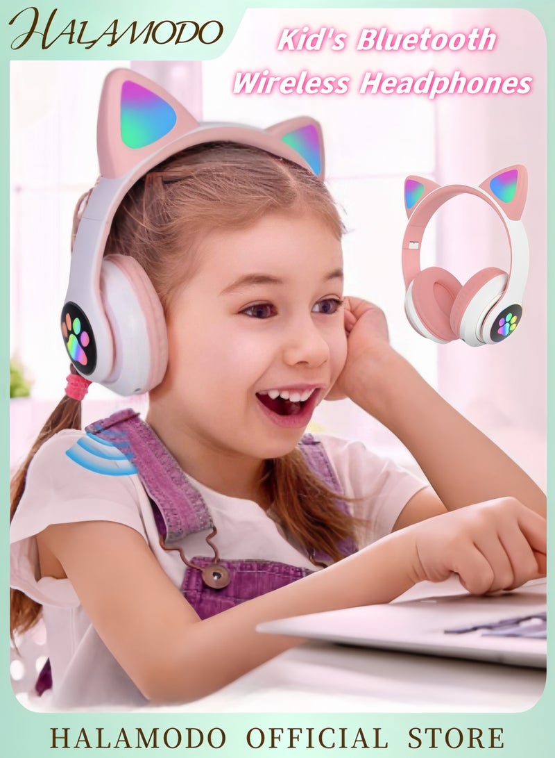 Kid's Bluetooth Wireless Headphones Cat Ear LED Light Up Bluetooth Foldable Headphones Adjust Headband Over-Ear Bluetooth Headphones with Microphone for Girls  - Image 1