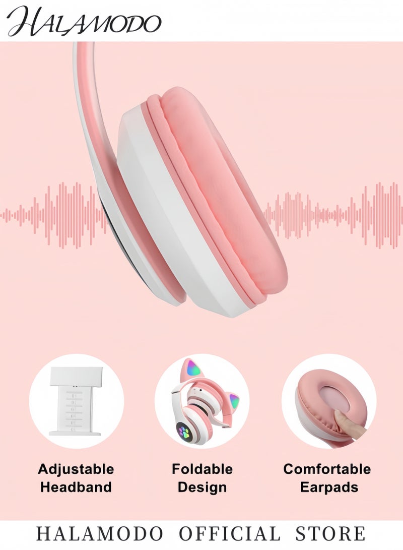 Kid's Bluetooth Wireless Headphones Cat Ear LED Light Up Bluetooth Foldable Headphones Adjust Headband Over-Ear Bluetooth Headphones with Microphone for Girls  - Image 2