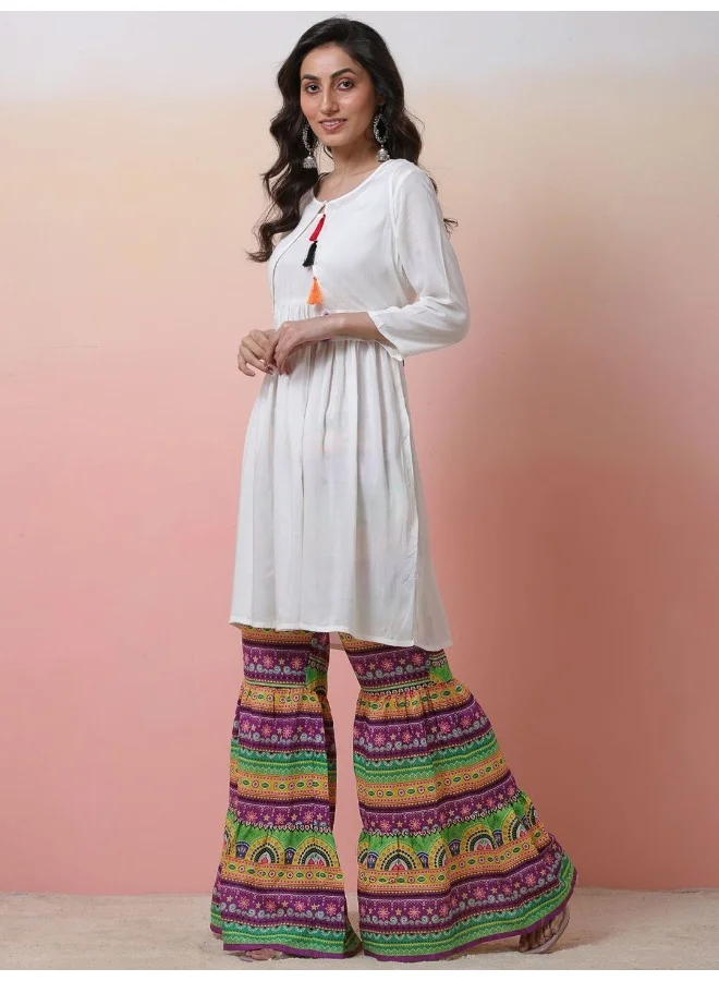 AKS White A-line Kurta with Multicolor Sharara