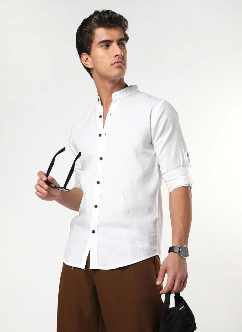 Urbano Fashion Men's White Linen Blend Full Sleeve Relaxed Fit Mandarin Collar Casual Solid Shirt
