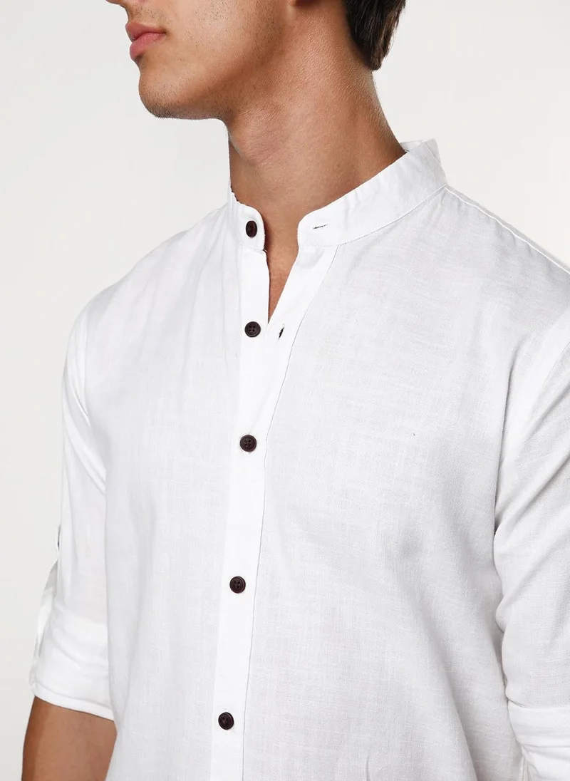 Urbano Fashion  Urbano Fashion Men's White Linen Blend Full Sleeve Relaxed Fit Mandarin Collar Casual Solid Shirt for Men | Best Price UAE