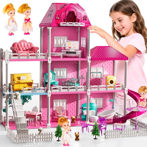 JUKUDAHU Villa Playset for Girls Ages 37 Indoor Playset Girls Toys with 3 Storeys 7 Rooms 2 Dolls for Ages 68 Furniture and Accessories Pretend Toddler Toy Birthday Gifts for Kids 3 4 5 6 7 8 - Image 1