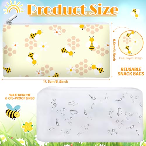 Chumia 6 Pack Reusable Snack Bags for Kids, Washable Sandwich & Food Storage Pouches, Dual-layer Silicone Lined Lunch Bags with Zipper for School & Travel(Bees,6.9 x 3.7 Inches) - Image 2