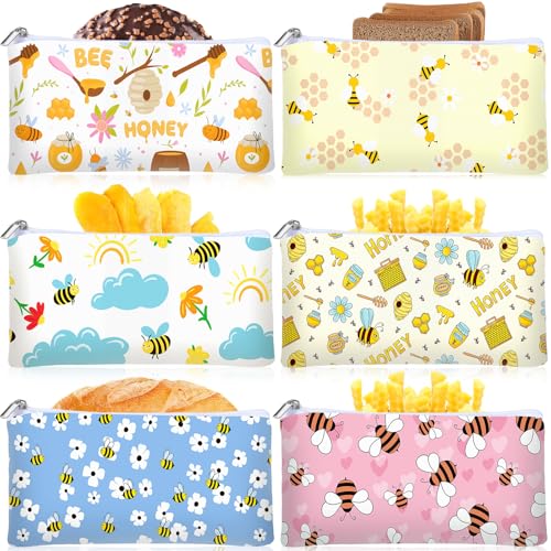 Chumia 6 Pack Reusable Snack Bags for Kids, Washable Sandwich & Food Storage Pouches, Dual-layer Silicone Lined Lunch Bags with Zipper for School & Travel(Bees,6.9 x 3.7 Inches) - Image 1