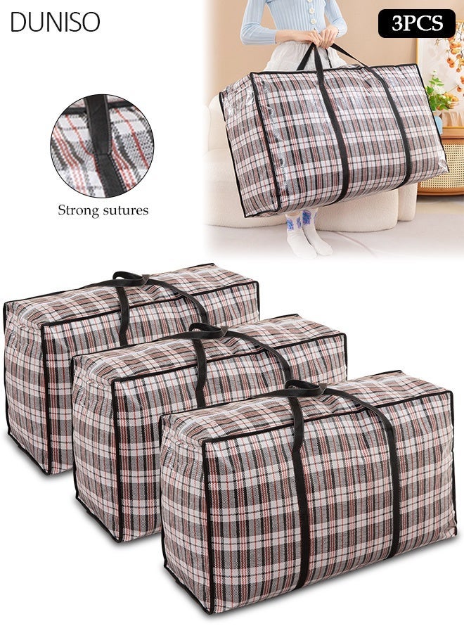 DUNISO 3 Pack Extra Large Moving Bags, Heavy‑Duty Plaid Woven Storage Bag with Zipper & Reinforced Handles, Foldable Waterproof Duffle Sack for Clothes, Quilt, Bedding, Household Storage, House Moving & Travel - Image 1