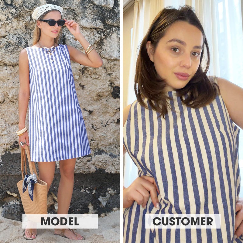 EXLURA Women Summer 100% Cotton Faux Linen Dresses Sleeveless Striped A-Line Mini Sundress Beach Vacation Dress with Pockets - Image 2