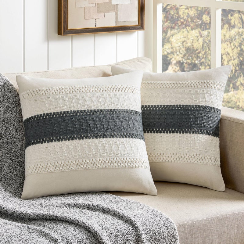 ZeeMart 2 Packs Cotton Boho Throw Pillow Covers 20x20 Inch Contrast/Charcoal  Soft Farmhouse Decorative Couch Pillow Cases Dark Grey Cushion Covers for Sofa Bed Living Room Home Decor - Image 1