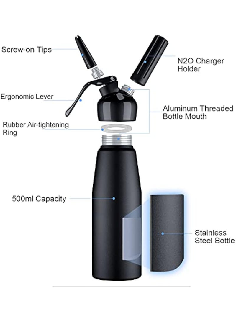 Arabest Whipped Cream Dispenser, Professional Aluminum Culinary Canister Durable Stainless Steel Leak-Free Seals with 3 Decorating Nozzles Cream Foam Maker for DIY Cake Dessert Coffee (500ml, Black) - Image 3