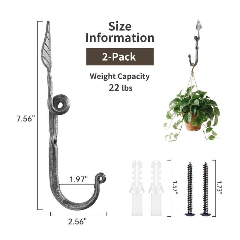 Worth Garden 2-Pack 7.5" x 2" Hanger Hooks - Hand-Forged Wrought Iron Heavy Duty Wall Hooks - Aged Silver Leaf-Shaped Hanging for Plants, Bird Feeders, Lights, Indoor & Outdoor Use - Image 3
