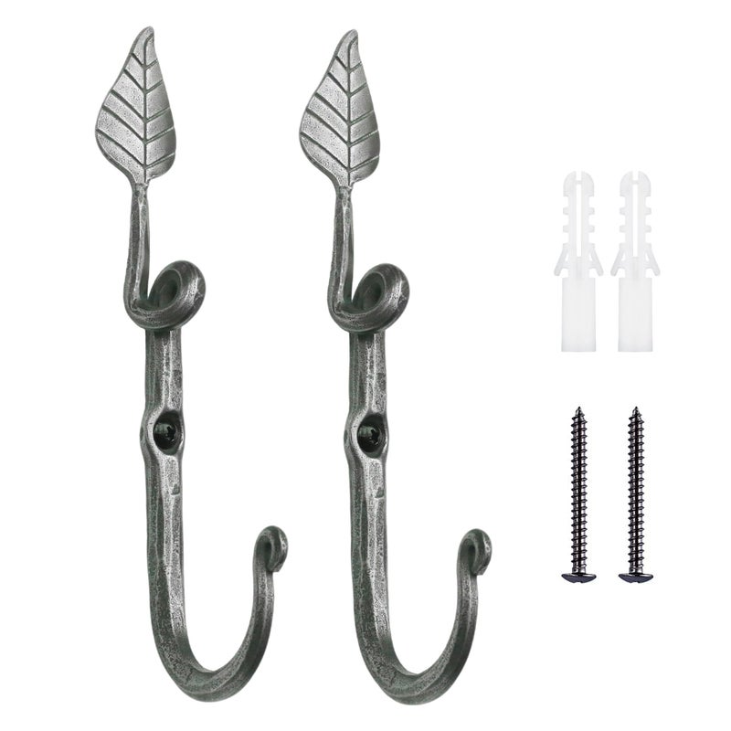 Worth Garden 2-Pack 7.5" x 2" Hanger Hooks - Hand-Forged Wrought Iron Heavy Duty Wall Hooks - Aged Silver Leaf-Shaped Hanging for Plants, Bird Feeders, Lights, Indoor & Outdoor Use - Image 1