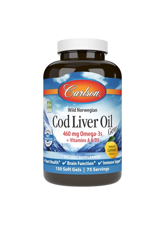 Carlson - Cod Liver Oil Gems, 460 mg Omega-3s, Plus Vitamins A and D3, Wild Caught Norwegian Arctic Cod Liver Oil, Sustainably Sourced Nordic Fish Oil Capsules, Lemon, 150 Softgels - Image 1