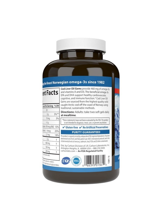 Carlson - Cod Liver Oil Gems, 460 mg Omega-3s, Plus Vitamins A and D3, Wild Caught Norwegian Arctic Cod Liver Oil, Sustainably Sourced Nordic Fish Oil Capsules, Lemon, 150 Softgels - Image 3