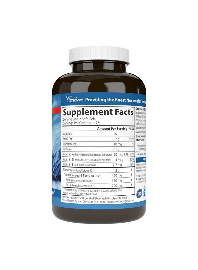 Carlson - Cod Liver Oil Gems, 460 mg Omega-3s, Plus Vitamins A and D3, Wild Caught Norwegian Arctic Cod Liver Oil, Sustainably Sourced Nordic Fish Oil Capsules, Lemon, 150 Softgels - Image 2