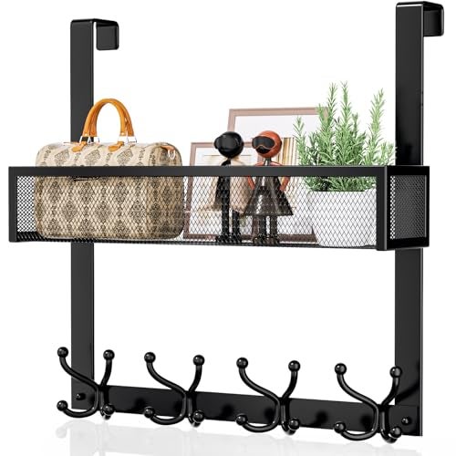 Consumest Over The Door Hooks Organizer - Over Door Hanger with 16 Hooks & 2 Baskets for Hanging Coat, Clothing, Towel, Back Storage for Bathroom, Closet, College Dorm, Black - Image 1