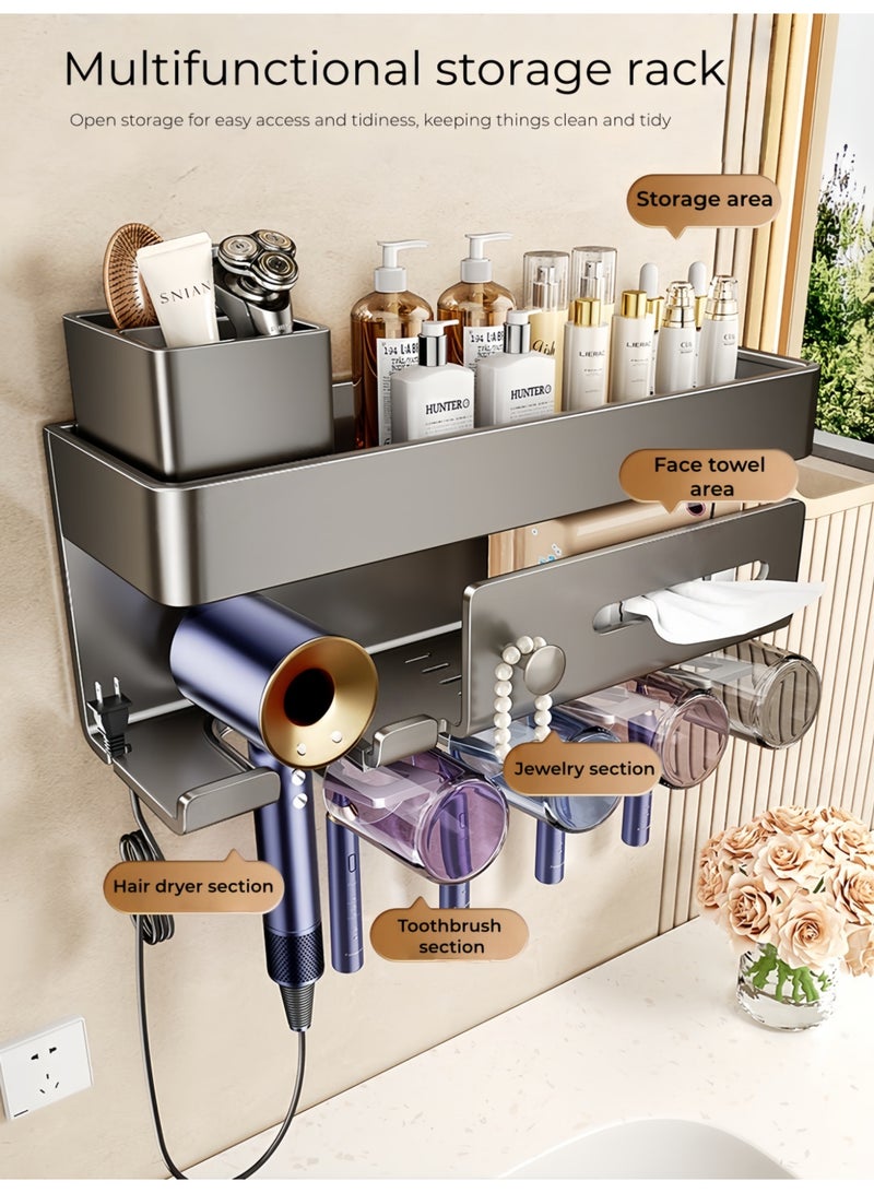 Wall-mounted gunmetal gray toothbrush holder, holds 4 cups – No-drill bathroom organizer with hairdryer and towel rack - Image 3