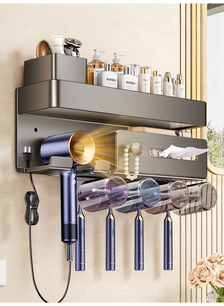 Wall-mounted gunmetal gray toothbrush holder, holds 4 cups – No-drill bathroom organizer with hairdryer and towel rack - Image 1