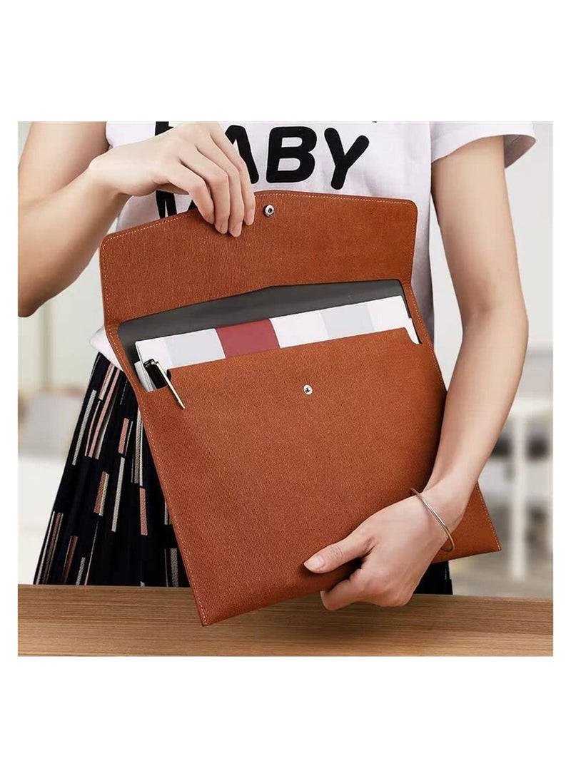 Brown Portable Waterproof Leather Document Organizer A4 File Wallet for Travel Business Meeting Storage - Image 1