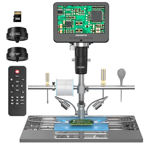 Andonstar AD246S-M Plus 7'' HDMI Soldering Digital Microscope for Electronics Repair, 2000x 3 Lens 2160P UHD Video Record, Soldering Microscope Station with Helping Hands, Coin Full View 32GB Card - Image 1