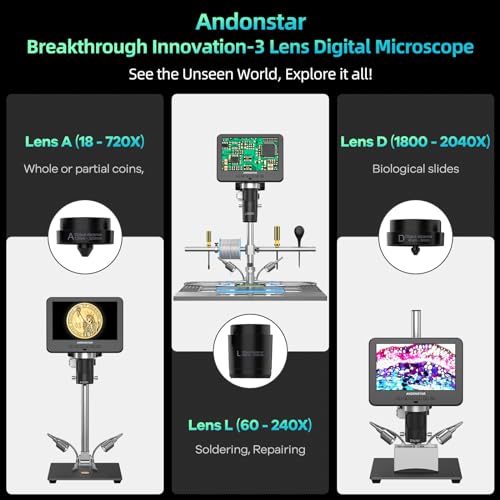 Andonstar AD246S-M Plus 7'' HDMI Soldering Digital Microscope for Electronics Repair, 2000x 3 Lens 2160P UHD Video Record, Soldering Microscope Station with Helping Hands, Coin Full View 32GB Card - Image 2