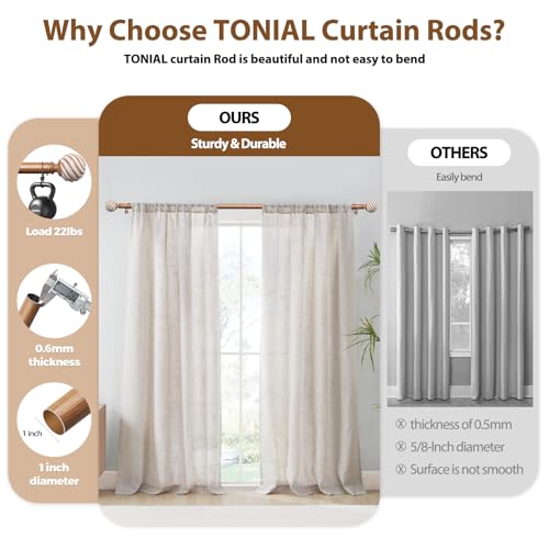 TONIAL Wood Curtain Rods for Windows 66 to 120 Inches, TONIAL 1'' Adjustable 32-120 Inch Long Drapery Rod with Wood Grain Leaf Pattern Finials, Boho Decorative Style for Living Room, Bedroom, Outdoor, Brown - Image 4