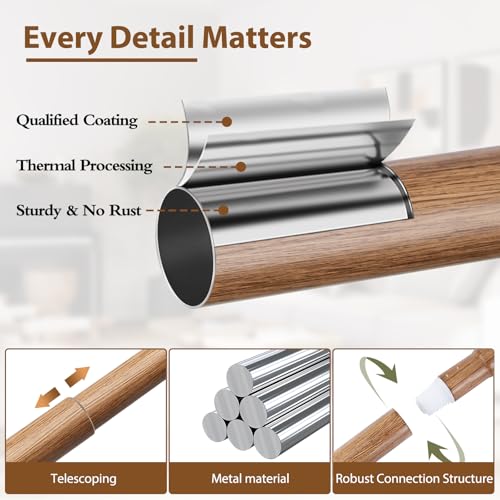 TONIAL Wood Curtain Rods for Windows 66 to 120 Inches, TONIAL 1'' Adjustable 32-120 Inch Long Drapery Rod with Wood Grain Leaf Pattern Finials, Boho Decorative Style for Living Room, Bedroom, Outdoor, Brown - Image 5
