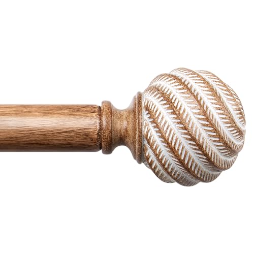 TONIAL Wood Curtain Rods for Windows 66 to 120 Inches, TONIAL 1'' Adjustable 32-120 Inch Long Drapery Rod with Wood Grain Leaf Pattern Finials, Boho Decorative Style for Living Room, Bedroom, Outdoor, Brown - Image 1