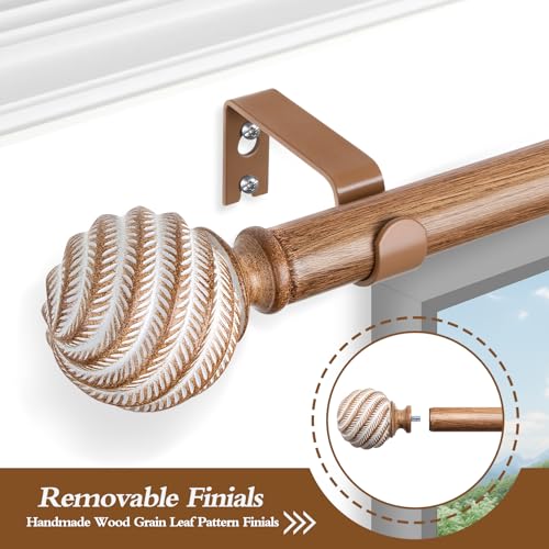 TONIAL Wood Curtain Rods for Windows 66 to 120 Inches, TONIAL 1'' Adjustable 32-120 Inch Long Drapery Rod with Wood Grain Leaf Pattern Finials, Boho Decorative Style for Living Room, Bedroom, Outdoor, Brown - Image 3