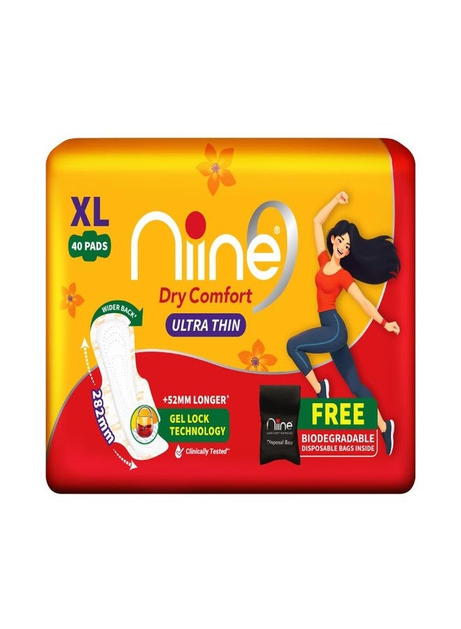 Niine Dry Comfort Ultra Thin XL Sanitary Pads for Women | 40 Pads, Pack of 1 | 282mm Long | Fast Absorption | Prevents Wetness & Leakage | Enjoy Leak-Free Periods | With Fluid Lock Technology | Disposable Bag Inside - Image 1