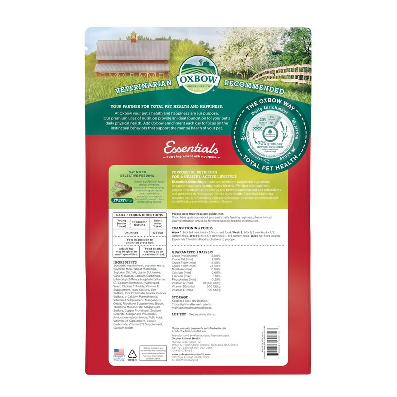Oxbow Essentials Chinchilla Food, Made with Oxbow Alfalfa, Vitamin & Mineral Rich Food for Chinchillas, Small Animal Pet Pellets, Made in USA, High Fiber, 10 lb Bag - Image 2