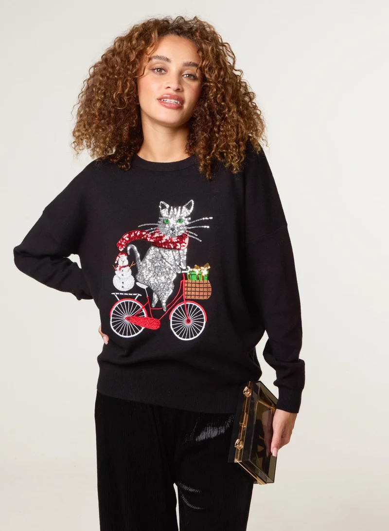 Blue Vanilla Christmas Cat On A Bike Jumper