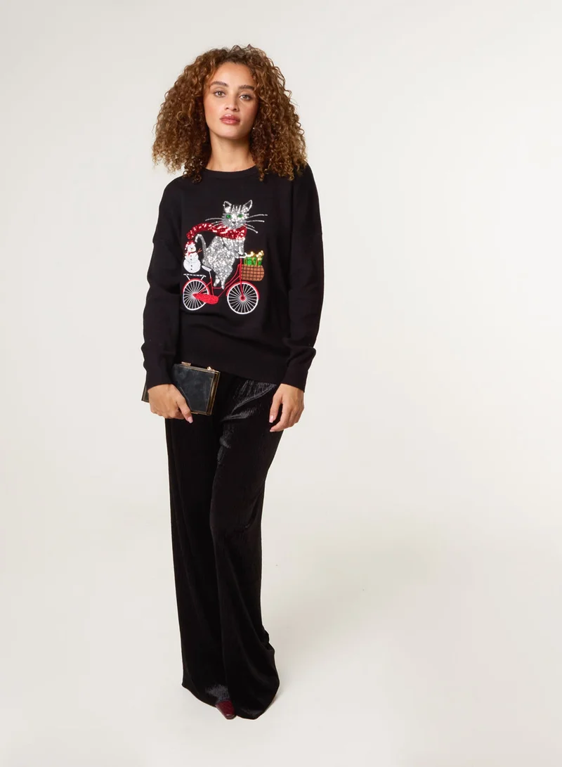 Blue Vanilla Christmas Cat On A Bike Jumper