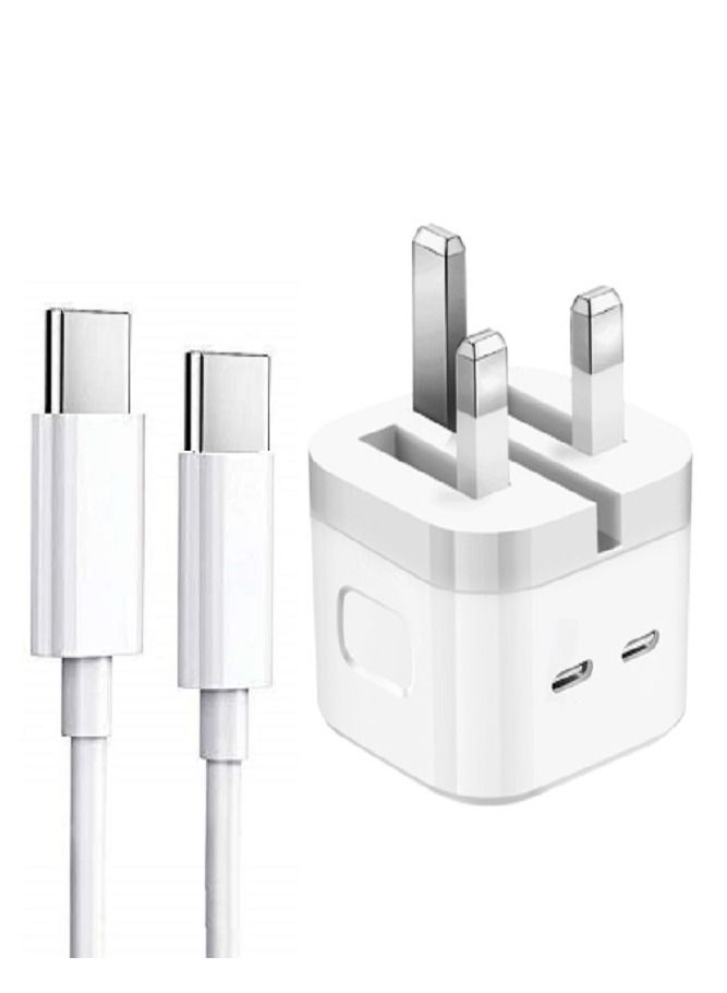 35W USB C PD Fast Charger with USB-C C-C Cable Dual Port Type-C QC3.0 Wall Adapter UK Plug for Samsung Pixel Huawei OnePlus Xiaomi and More (C-C Cable, White) - Image 1