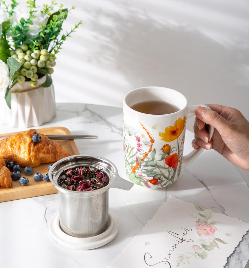 AmorArc Porcelain Tea Mug with Infuser and Lids, 18 Oz Large Cup Strainer with Bag Holder for Loose Leaf Tea, Steeping Coffee Mug for House-warming Wedding Birthday Gift - Image 5