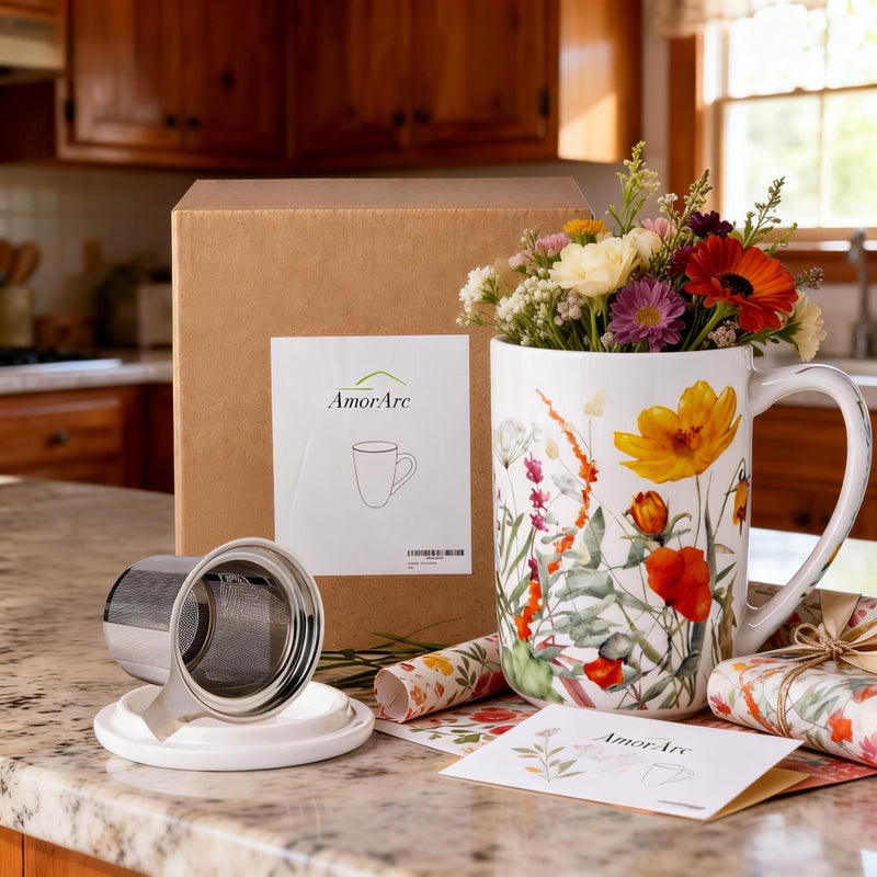 AmorArc Porcelain Tea Mug with Infuser and Lids, 18 Oz Large Cup Strainer with Bag Holder for Loose Leaf Tea, Steeping Coffee Mug for House-warming Wedding Birthday Gift - Image 2